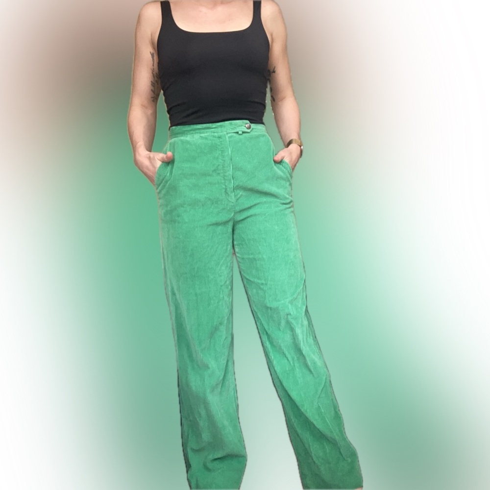 Vintage high waisted, slightly wide leg, green corduroy pants